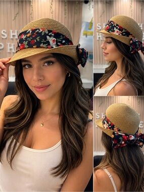 STRAW CLOCHE HAT WITH TIE-BACK FLOWER PRINT SASH